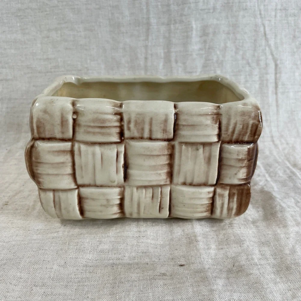 Brown Woven Basket Planter Shawnee Pottery 444 Farmhouse Vintage Cottagecore